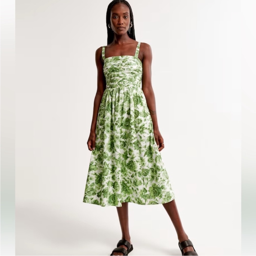 Abercrombie & Fitch Emerson Poplin Wide Strap Midi Dress in Green Multi
